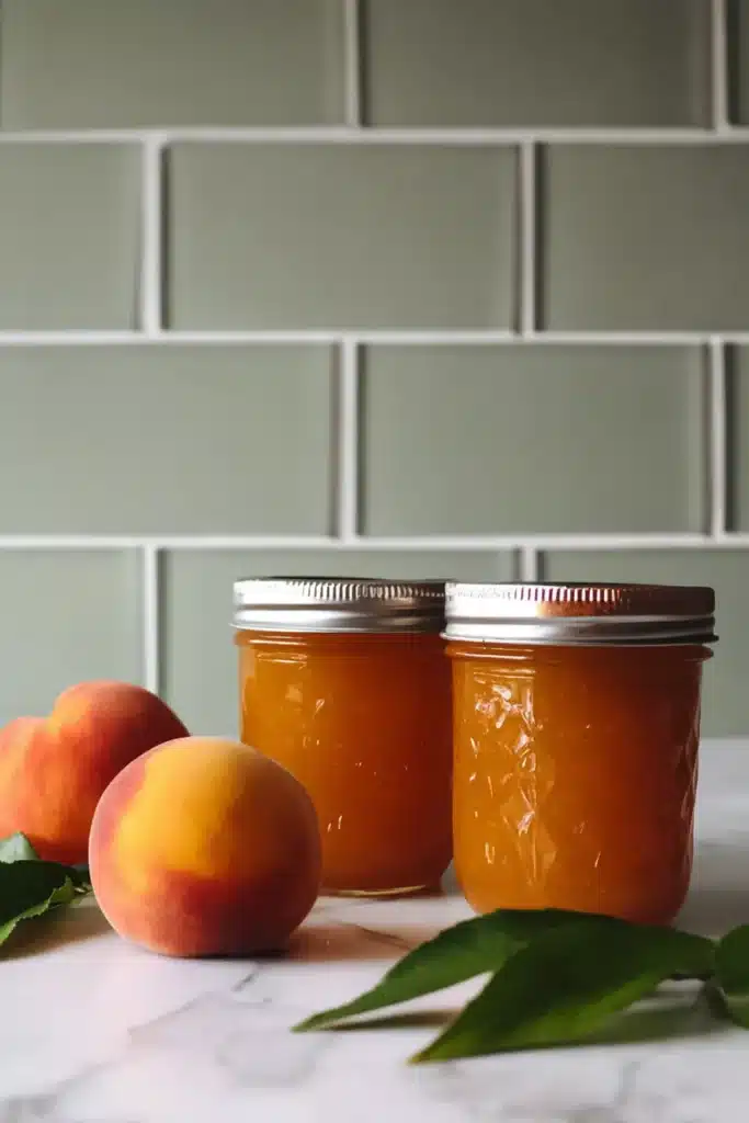 Peach Butter Recipe for Smooth Homemade Peach Spread 6 Sealed jars of Peach Butter with fresh peaches on a marble countertop