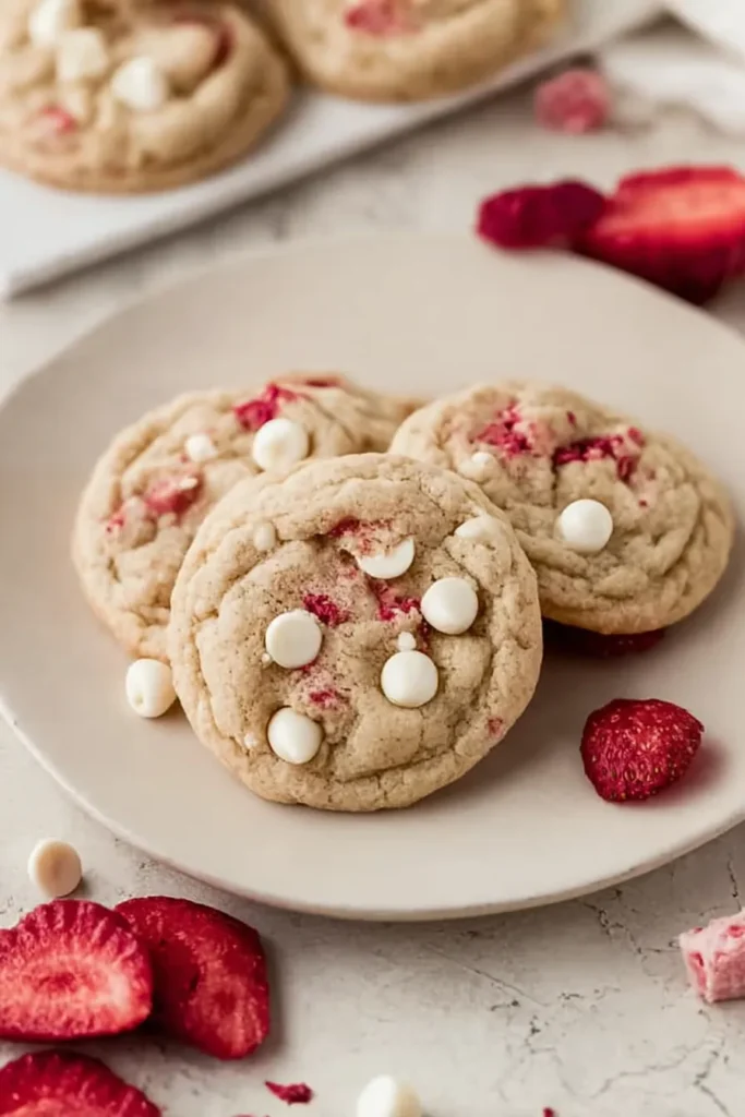 Strawberries and Cream Cookies Easy Amazing Treat 6 Soft strawberries and cream cookies with white chocolate chips on a ceramic plate