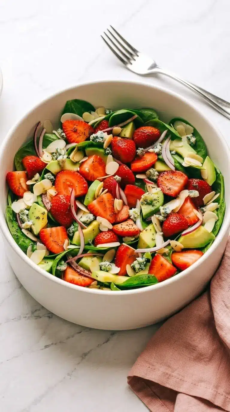 Strawberry avocado spinach salad with almonds, feta, and poppy seed dressing in a ceramic bowl