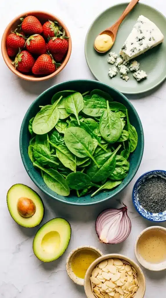 Strawberry Avocado Spinach Salad Amazing Lunch 6 Fresh ingredients for Strawberry Avocado Spinach Salad on a white gray table
