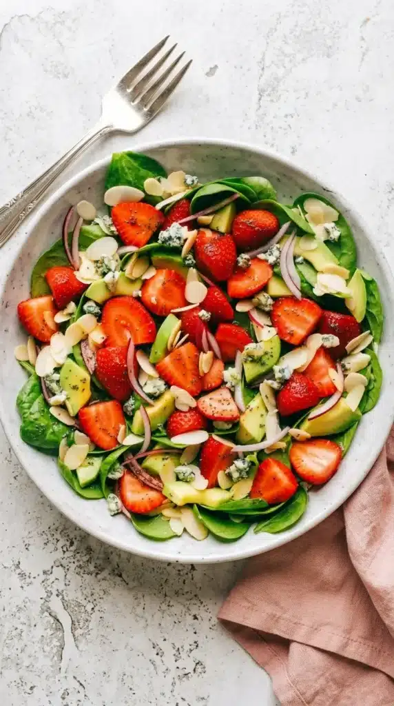 Strawberry Avocado Spinach Salad Amazing Lunch 7 Strawberry Avocado Spinach Salad with avocado strawberries and almonds in a white bowl