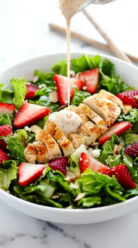 Strawberry Chicken Salad Recipe | Amazing Fresh Lunch 5 Strawberry Chicken Salad with creamy dressing poured over grilled chicken and greens