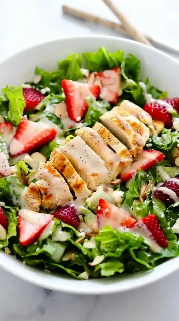 Strawberry chicken salad with grilled chicken, strawberries, feta, and creamy dressing