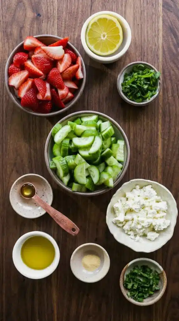 Strawberry Cucumber Salad ingredients with feta, herbs, cucumbers, and strawberries
