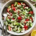 Strawberry cucumber salad with feta cheese, basil, and lemon dressing in a fresh summer bowl