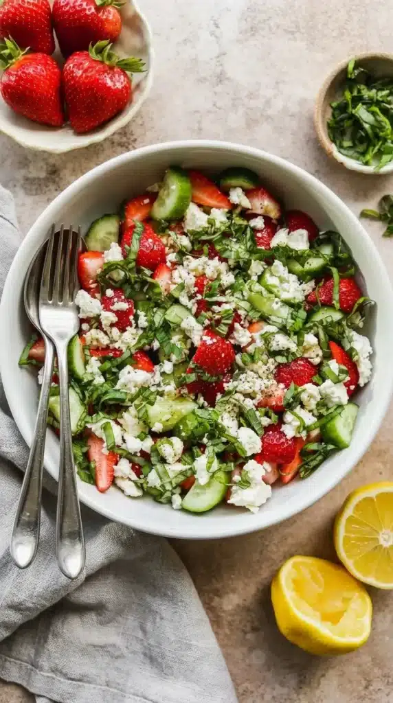 Strawberry cucumber salad with feta cheese, basil, and lemon dressing in a fresh summer bowl