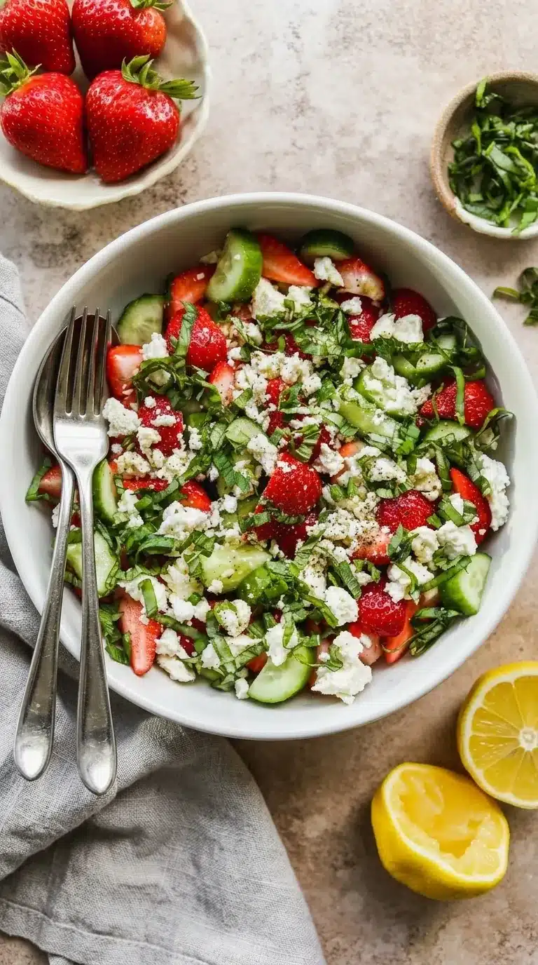 Strawberry cucumber salad with feta cheese, basil, and lemon dressing in a fresh summer bowl