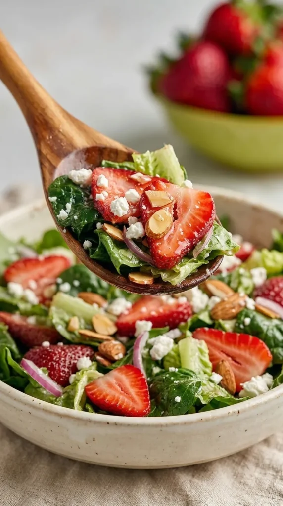 Strawberry Romaine Feta Salad served on spoon with fresh greens and feta