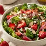 Strawberry romaine feta salad with fresh greens, strawberries, feta, and almonds in a rustic bowl