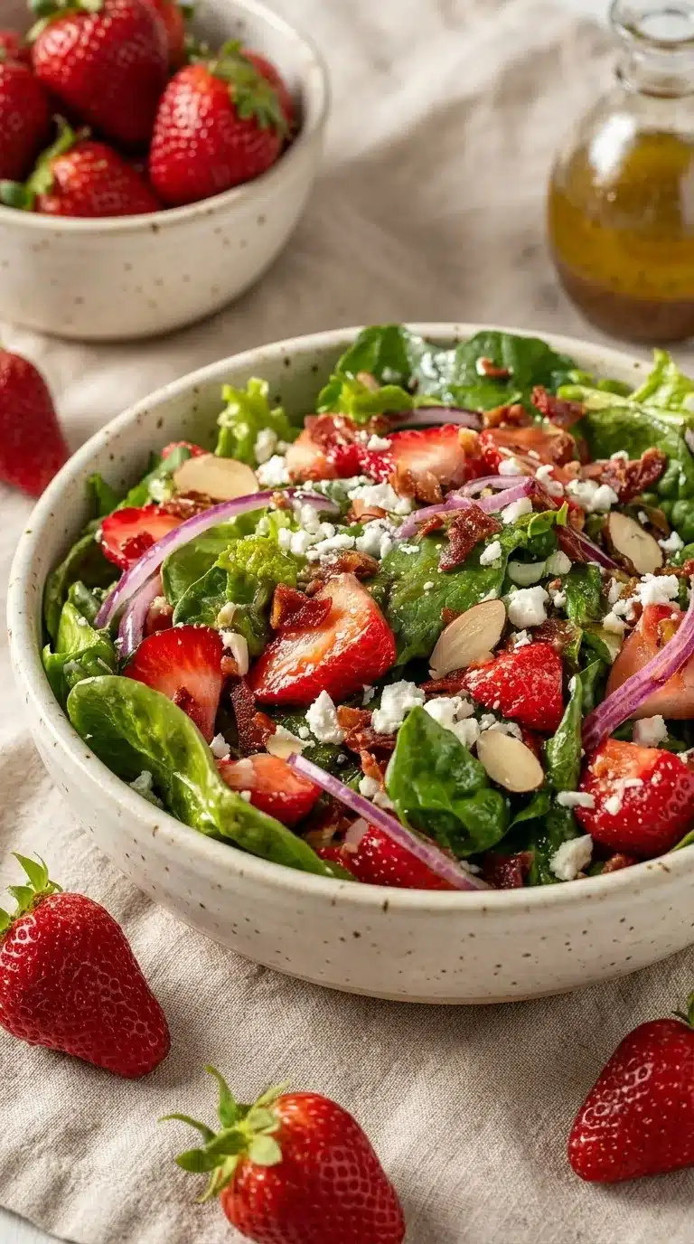 Strawberry romaine feta salad with fresh greens, strawberries, feta, and almonds in a rustic bowl