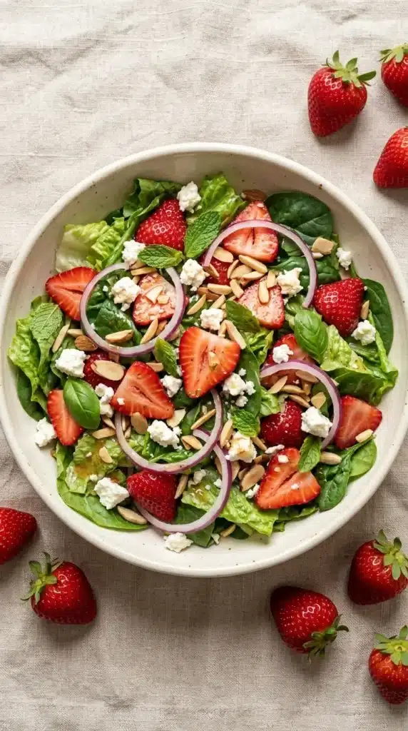 Strawberry Romaine Feta Salad with fresh greens, strawberries, feta, and almonds