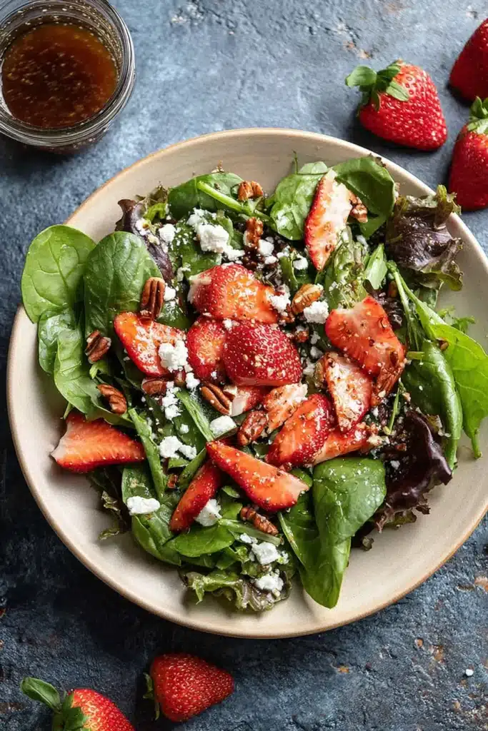 Strawberry Spinach Salad Recipe with feta cheese, pecans, and balsamic dressing