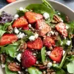 Fresh strawberry spinach salad with feta cheese, pecans, and balsamic dressing in a ceramic bowl