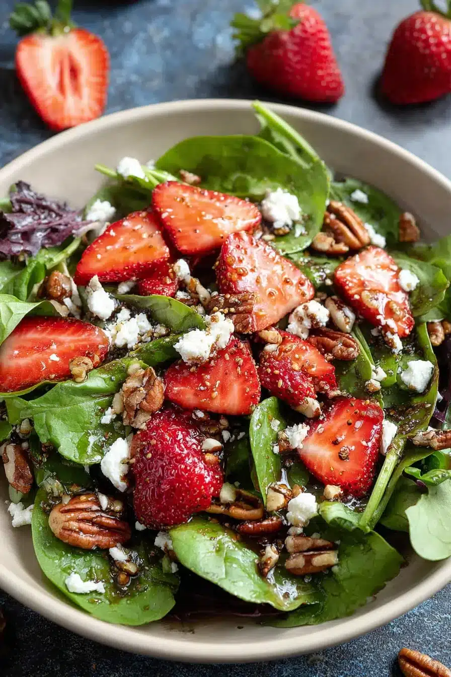 Fresh strawberry spinach salad with feta cheese, pecans, and balsamic dressing in a ceramic bowl