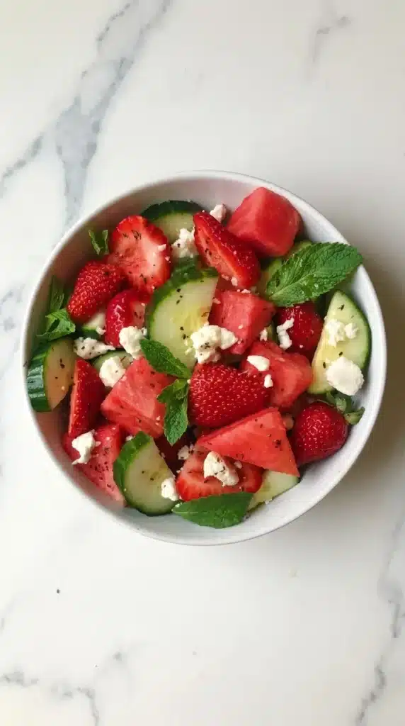 Strawberry, Watermelon and Cucumber Salad That’s Fresh 6 Strawberry, Watermelon and Cucumber Salad with feta cheese and fresh mint