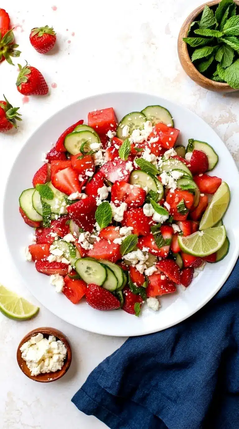 Strawberry watermelon cucumber salad with feta and mint in a bleu dark plate