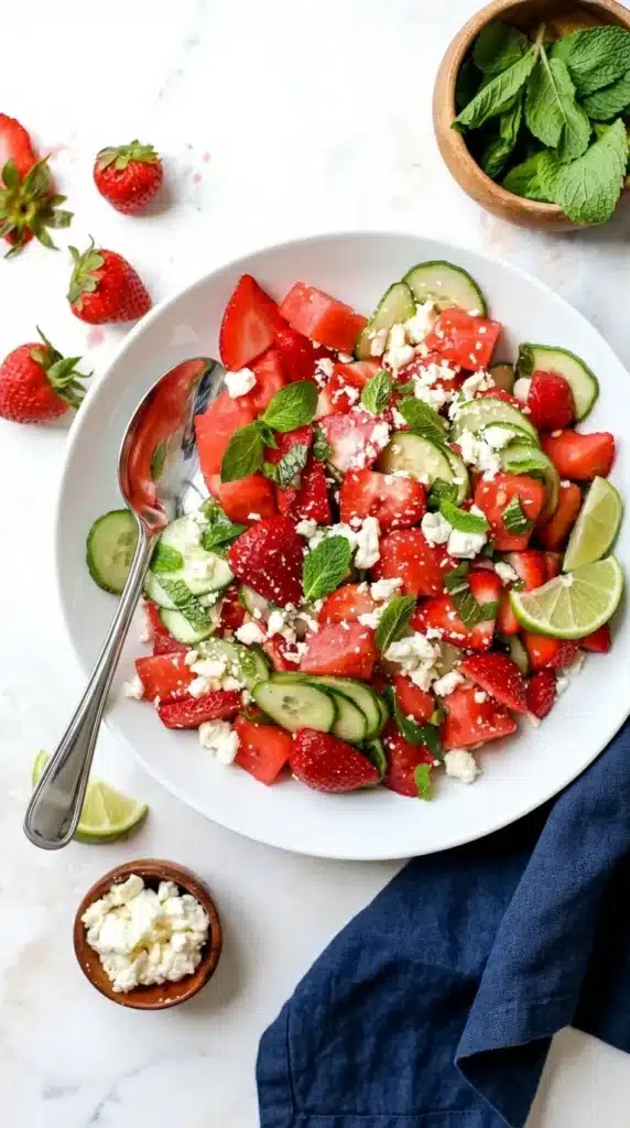 Strawberry Watermelon Cucumber Salad with feta cheese and mint in a bleu dark bowl