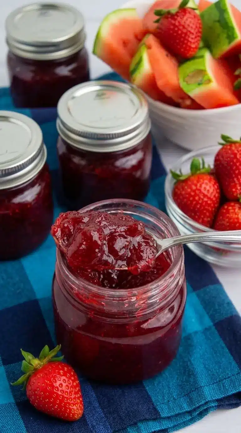 Homemade strawberry watermelon jam in a glass jar with fresh summer fruit