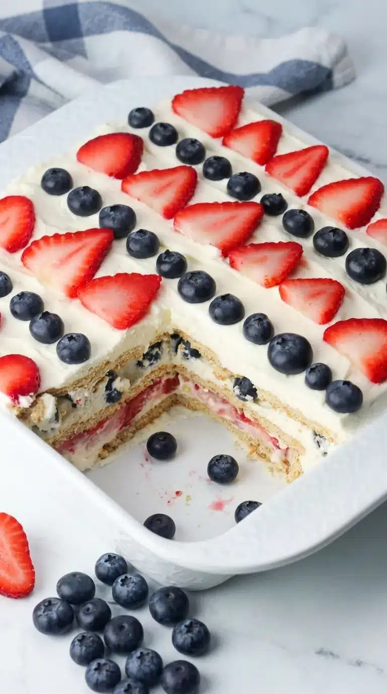 Summer Berry Icebox Cake slice with strawberries blueberries and creamy layers