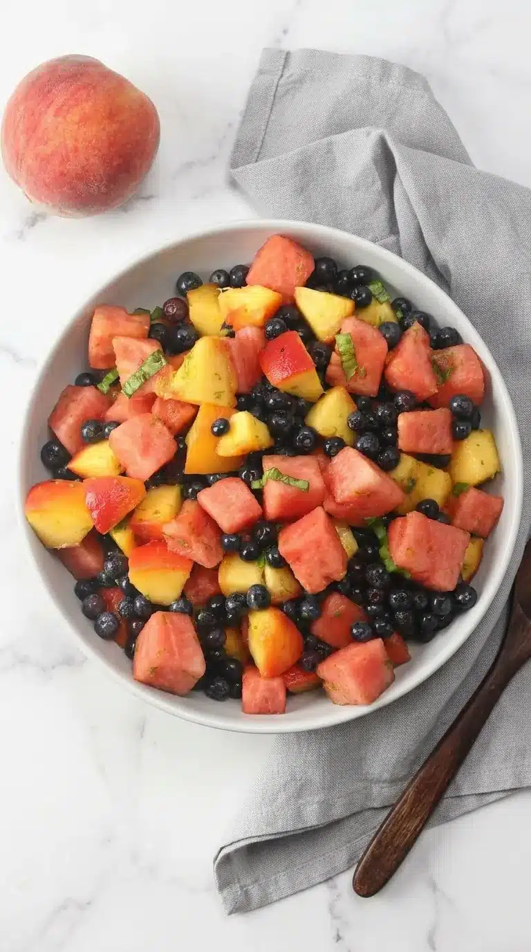 home 6 Summer fruit salad with watermelon, peaches, blueberries, and fresh basil in a serving bowl