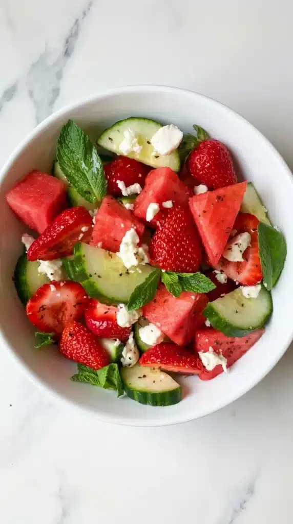 Strawberry, Watermelon and Cucumber Salad That’s Fresh 7 Strawberry, Watermelon and Cucumber Salad with feta and mint in a ceramic bowl