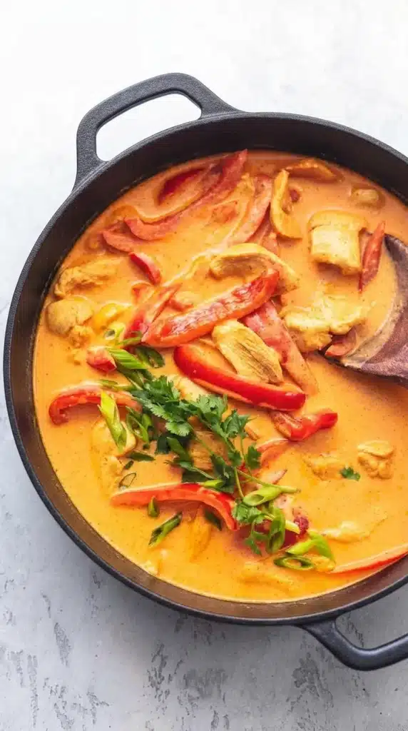 Thai Chicken Curry with Coconut Milk served with rice in a rustic bowl