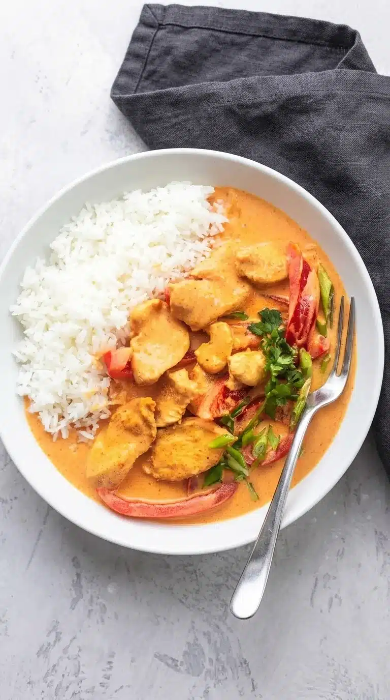 Thai chicken curry with coconut milk served with rice in a rustic bowl