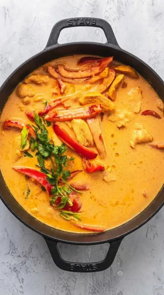 Thai Chicken Curry with Coconut Milk simmering in a creamy coconut curry sauce