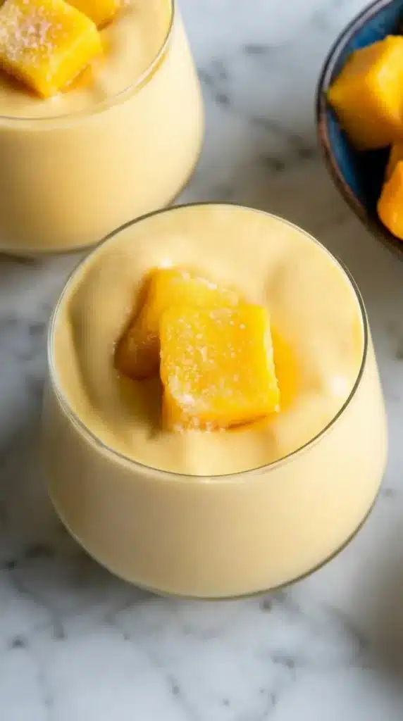 Mango smoothie recipe with thick creamy texture topped with mango cubes