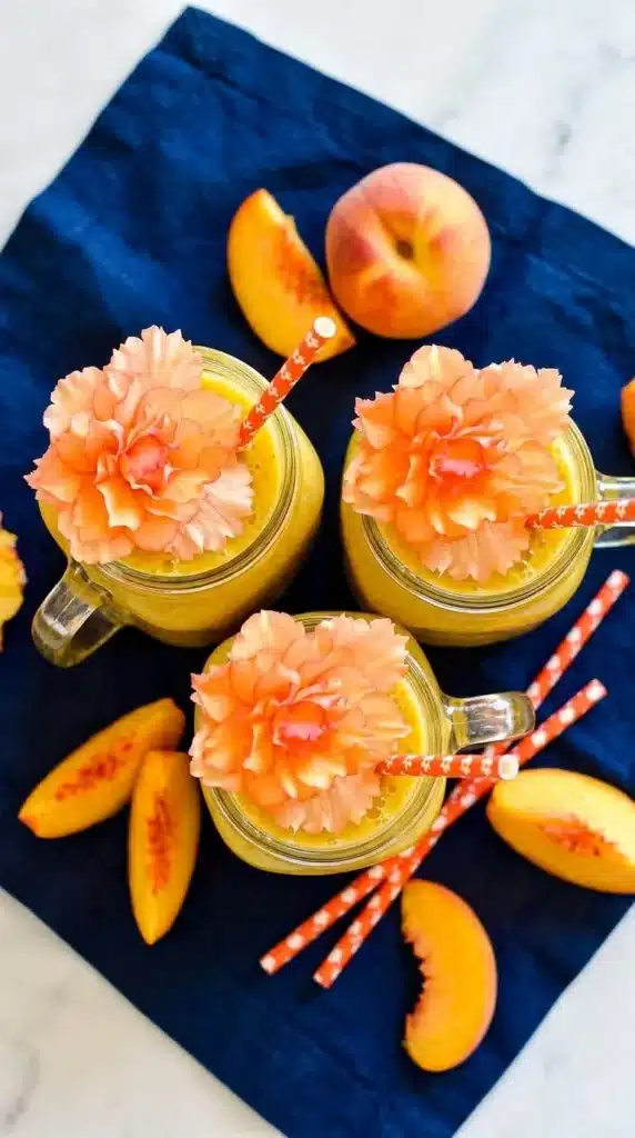 Top view of Ginger Peach Smoothie with fresh peaches and flower garnish