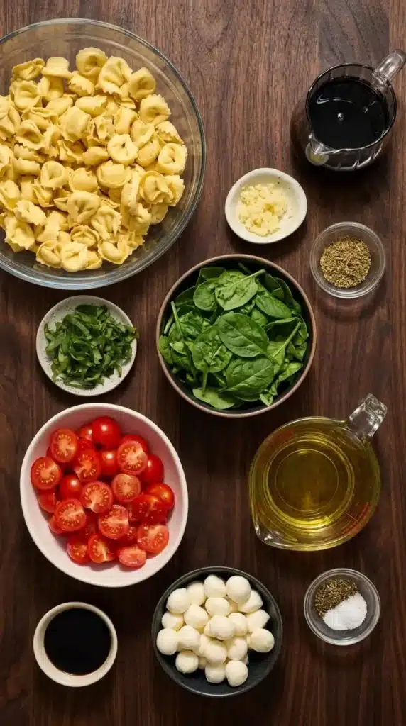 Tortellini Caprese Salad Easy Fresh Lunch Recipe 6 Tortellini Caprese Salad ingredients arranged on a marble surface with fresh basil and mozzarella