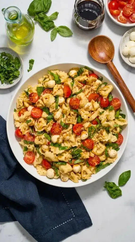 Tortellini Caprese Salad Easy Fresh Lunch Recipe 8 Tortellini Caprese Salad with mozzarella pearls, cherry tomatoes, basil, and balsamic dressing