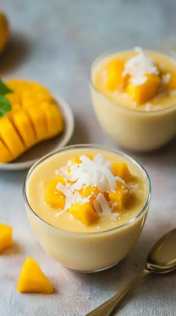 Coconut Mango Pudding topped with mango cubes and coconut flakes in glass bowls