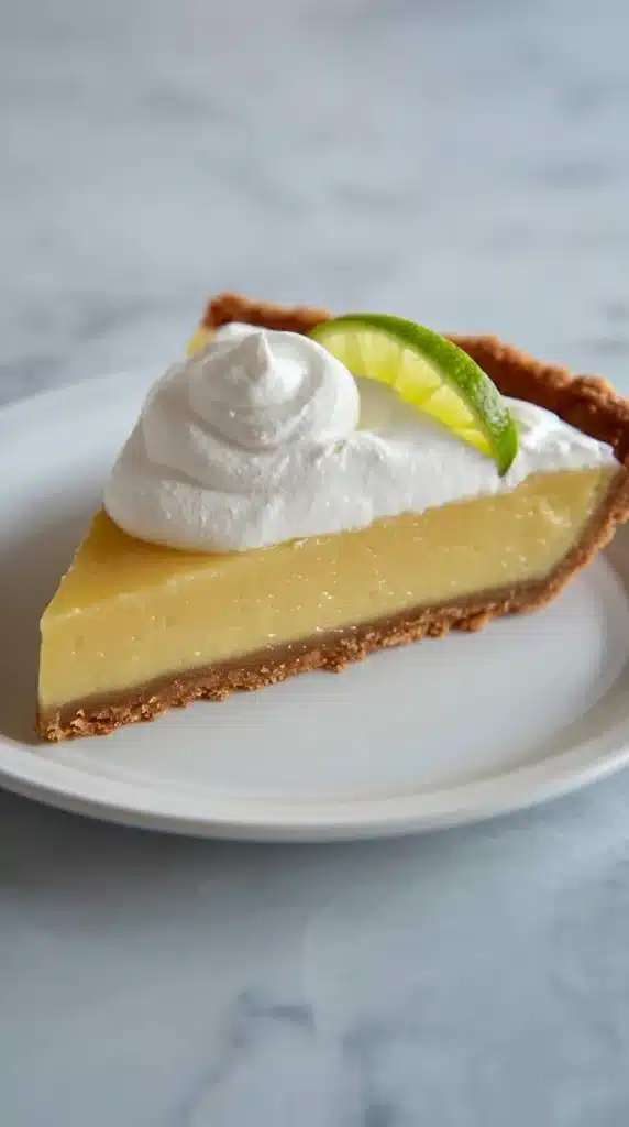 Tropical mango key lime pie slice with whipped cream and lime wedge