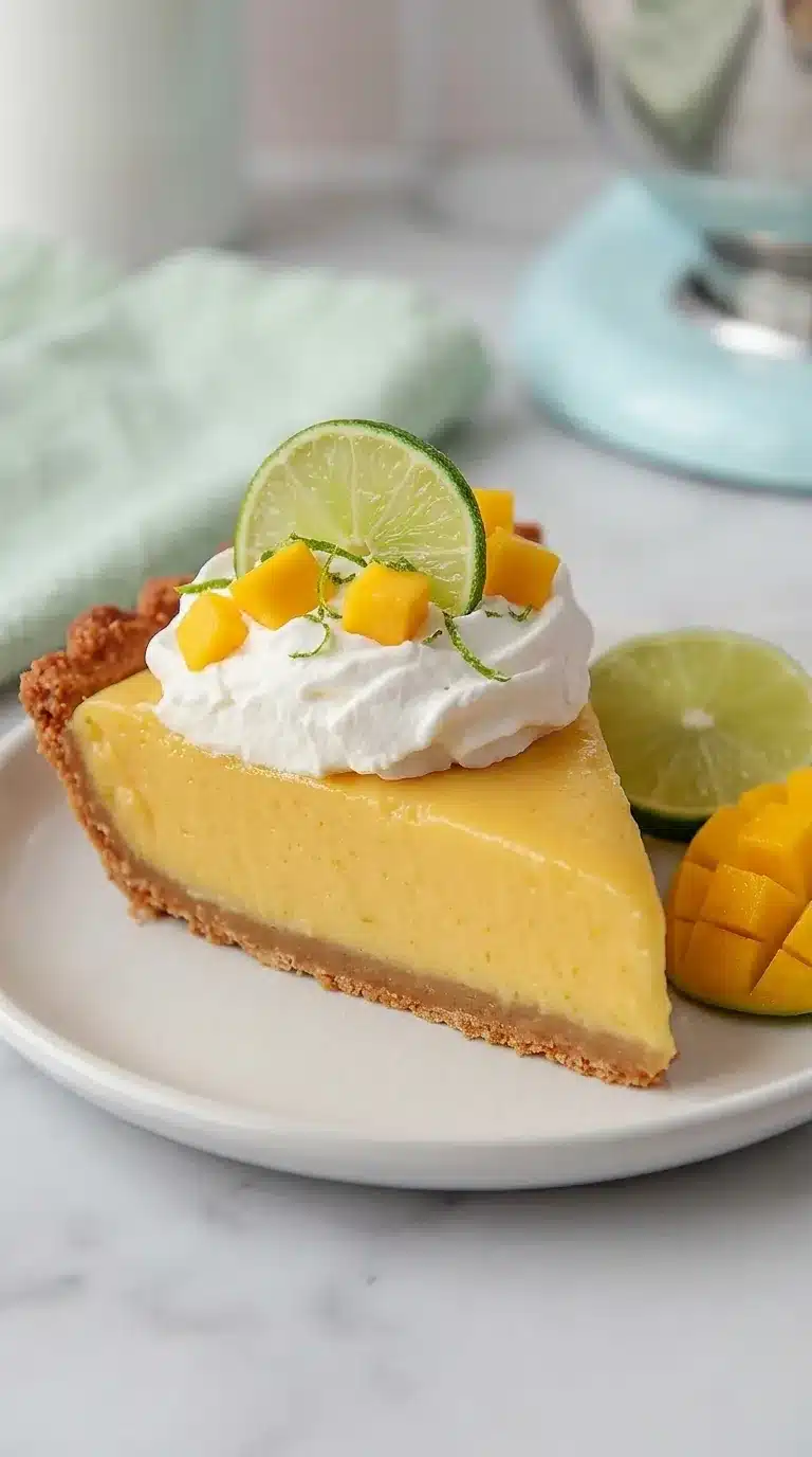 Tropical mango key lime pie slice with whipped cream and lime garnish