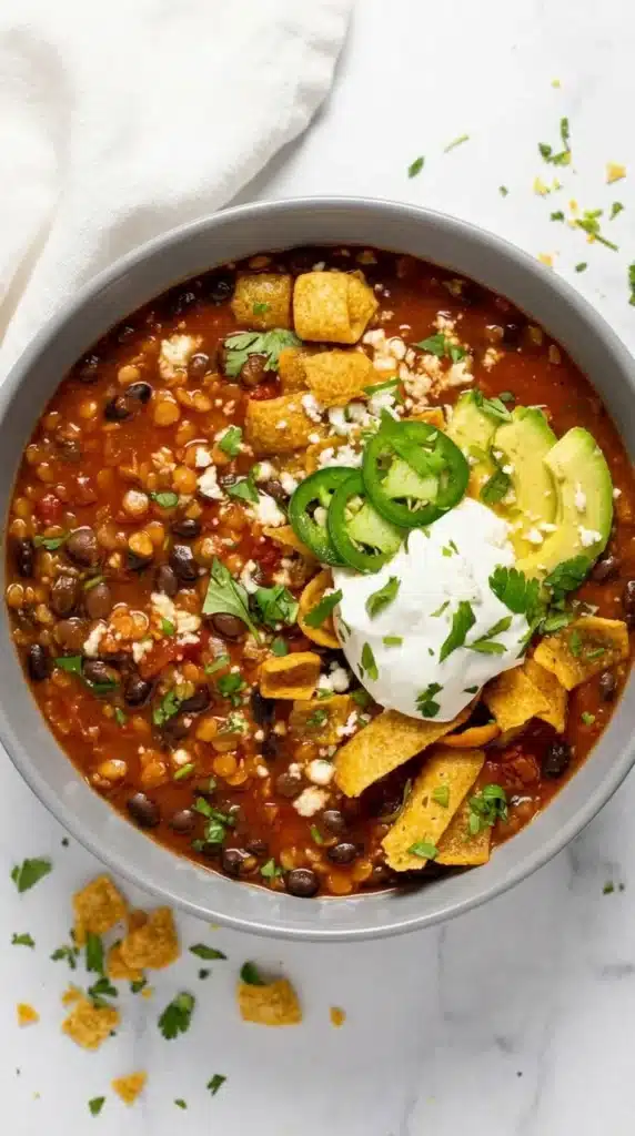 Vegan black bean chili topped with avocado, jalapeños, and crispy corn chips