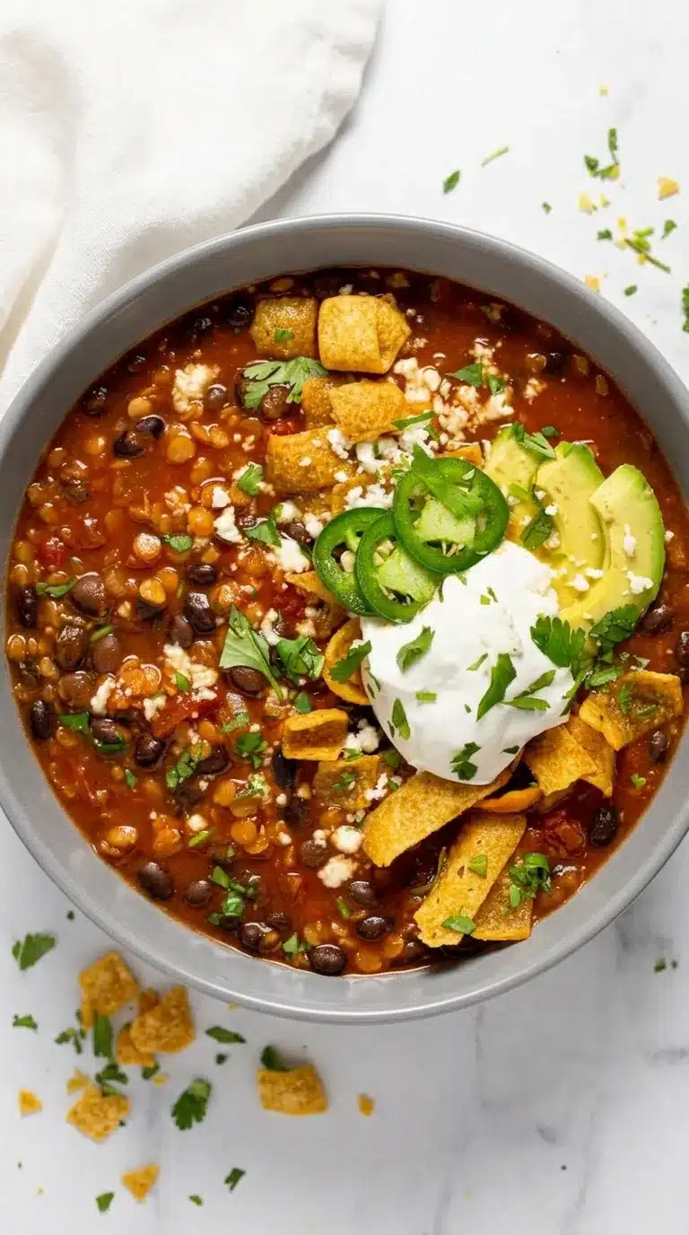 Vegan black bean chili topped with avocado, jalapeños, and crispy corn chips