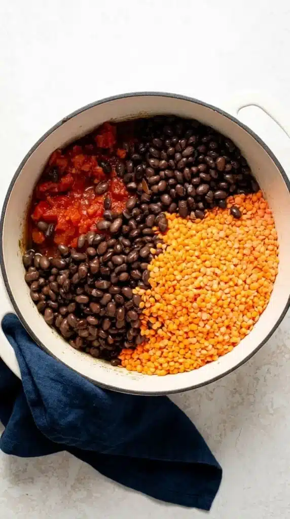 Vegan Chili Recipe with Black Beans ingredients in a Dutch oven before cooking