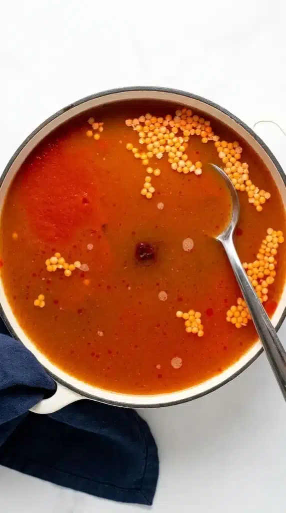 Vegan Chili Recipe with Black Beans simmering in a Dutch oven with red lentils