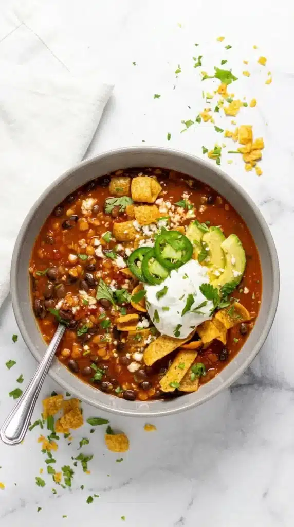 Vegan Chili Recipe with Black Beans topped with avocado and crispy corn chips