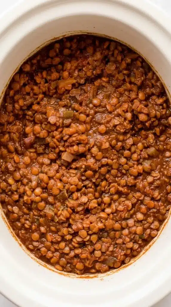 Cooked Vegan Slow Cooker Lentil Tacos filling inside a slow cooker