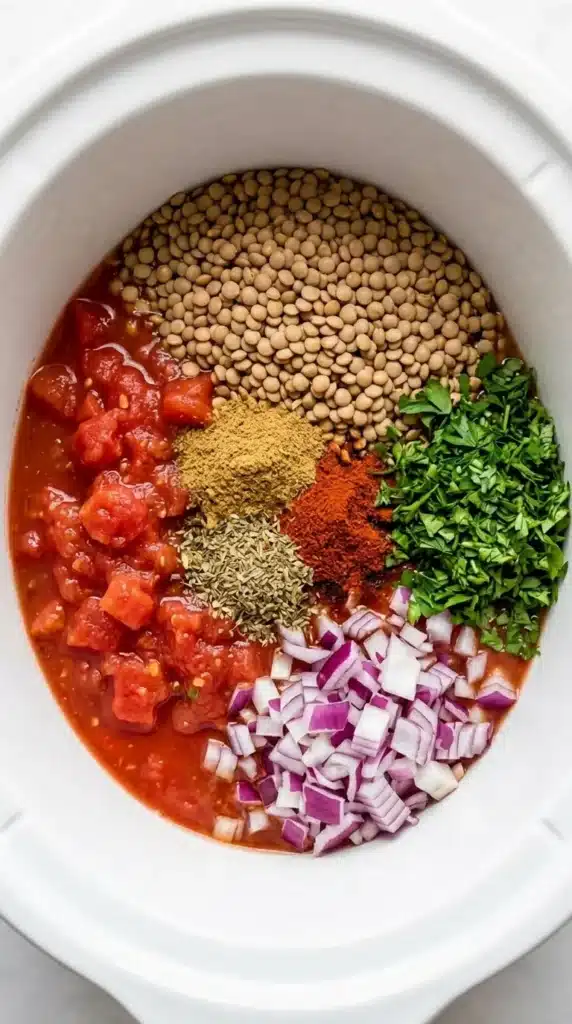 Vegan Slow Cooker Lentil Tacos ingredients layered in a slow cooker before cooking