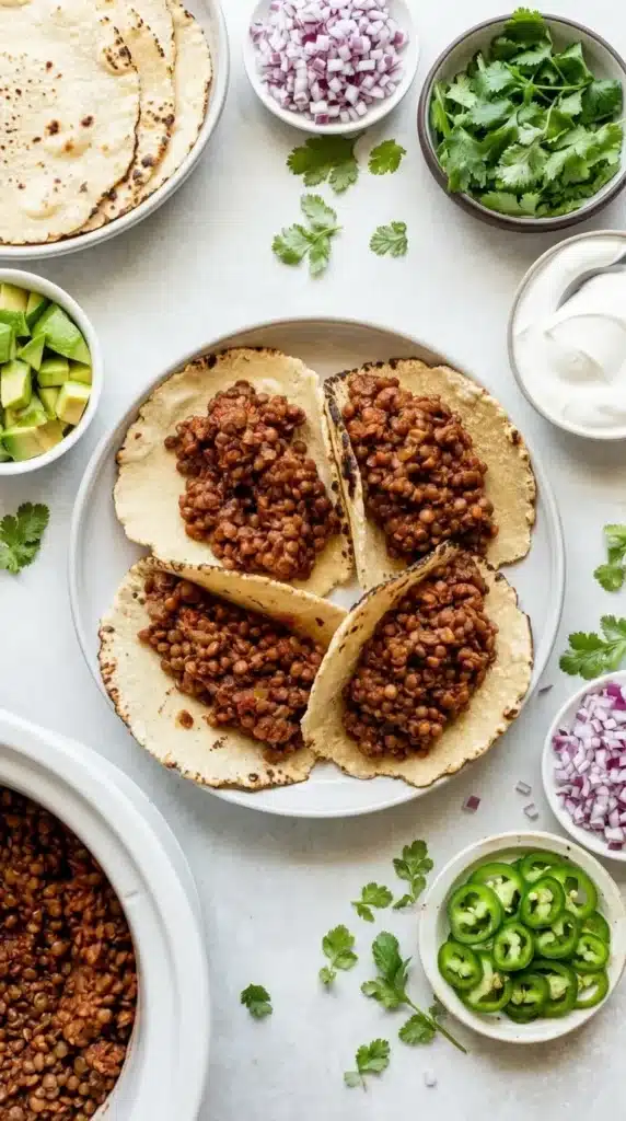 Vegan Slow Cooker Lentil Tacos served in charred tortillas with fresh toppings