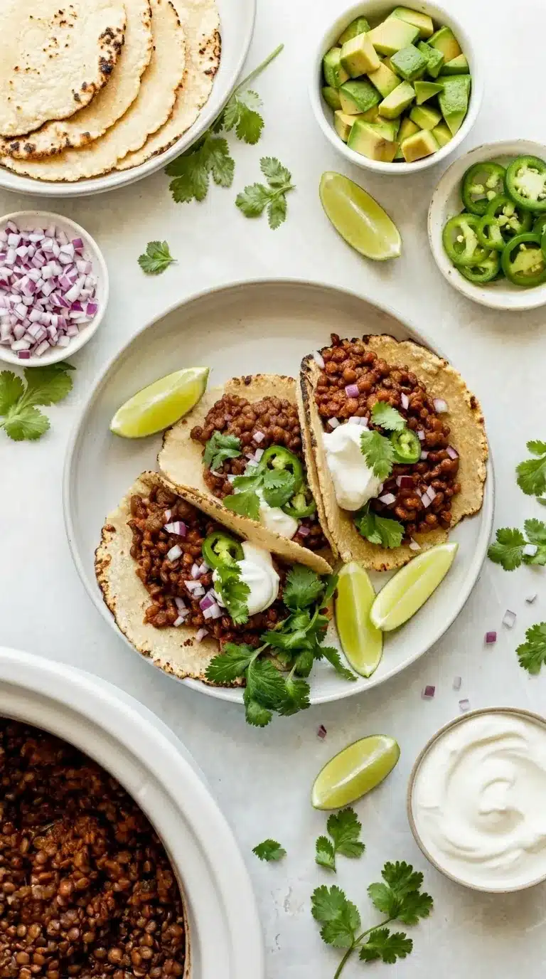 Vegan slow cooker lentil tacos with cilantro, jalapeños, and lime on charred tortillas