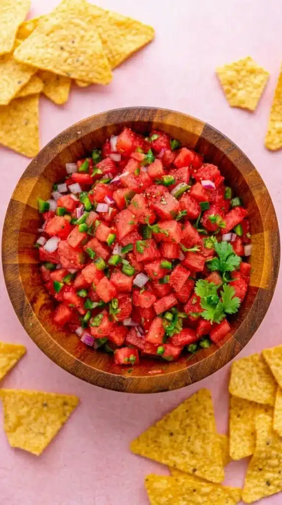 Watermelon Salsa ingredients arranged in bowls on a light stone surface