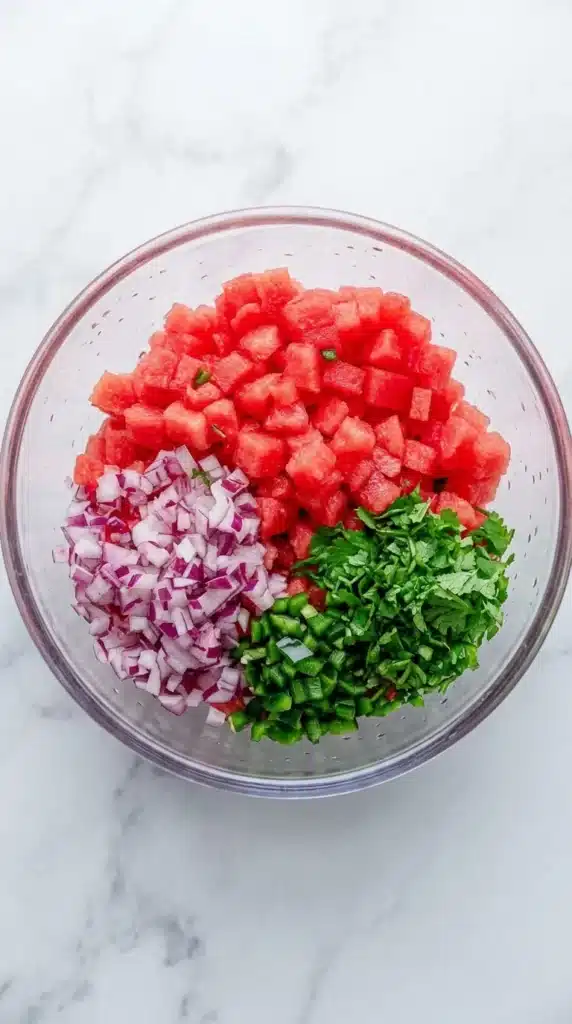 Fresh Watermelon Salsa ingredients mixed in a glass bowl