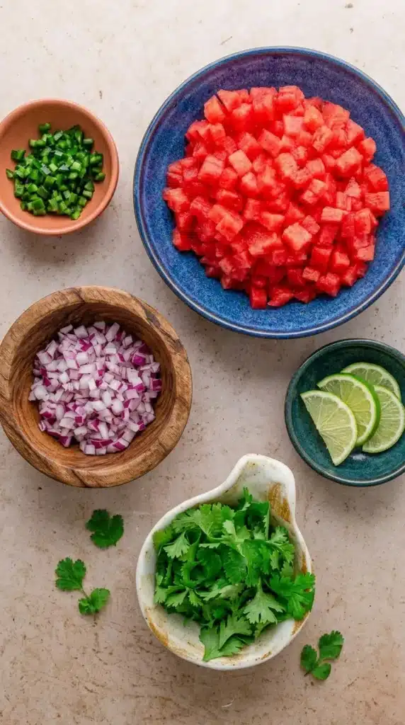  Watermelon Salsa ingredients arranged in bowls on a light stone surface