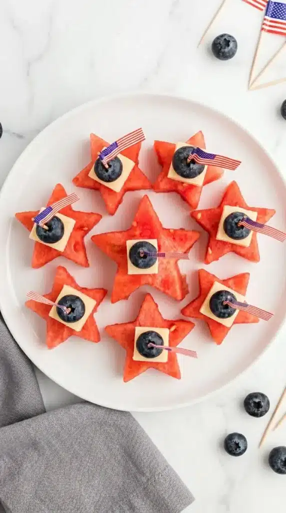 Watermelon Stars topped with cheese and blueberries for a patriotic summer snack