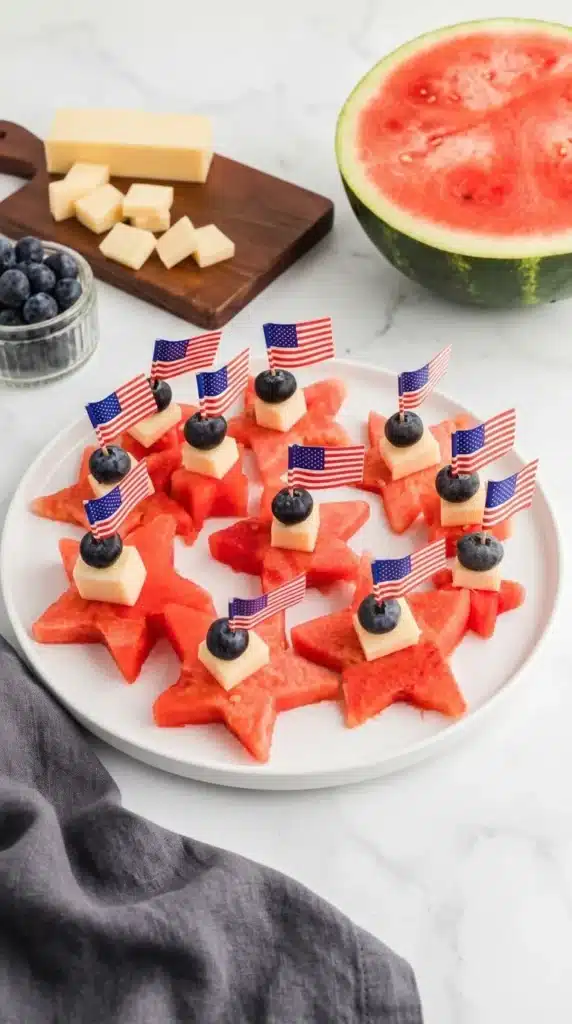 Watermelon stars with cheese and blueberries on a patriotic Fourth of July party platter