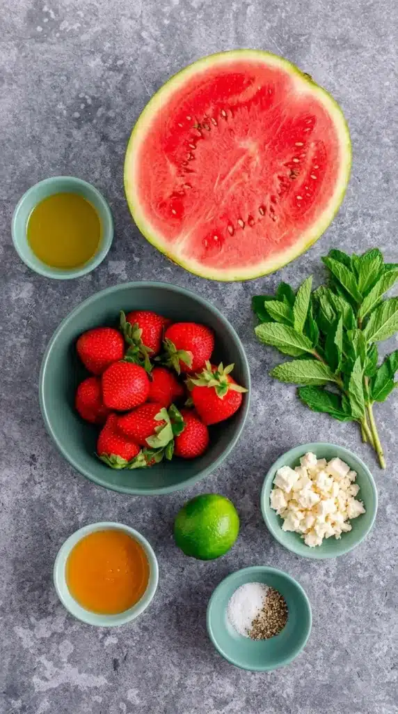 Watermelon Strawberry Salad Easy Amazing Summer Lunch 5 Watermelon Strawberry Salad ingredients with feta, mint, lime, and honey